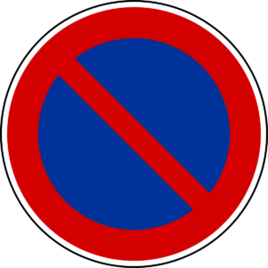 Panneau d'interdiction de stationner aux véhicules motorisés (rond bleu cerclé et barré diagonalement de rouge)