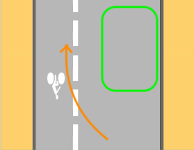 Dessin d'une route à double sens cyclable à gauche..
Un rectangle vert et présent à droite de la voie montante, laissant la bande cyclable vide. Une flèche orange montre un dépassement possible par la gauche.