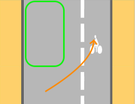 Dessin d'une route à sens unique avec bande cyclable à droite. Un rectangle vert est placé en haut à gauche. Une flèche orange part du bas et contourne le carré vert par la droite, passant par la bande cyclable