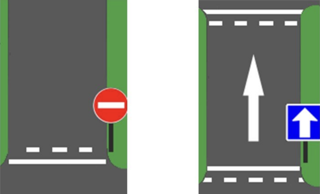 Ligne d'effet de sens interdit (schéma de gauche) et ligne d'effet de sens unique (schéma de droite) accompagnées de leur panneau.